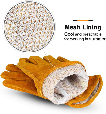 OZERO Leather Work Gloves Flex Grip Tough Cowhide Gardening Glove for Men and Women (Large, Gold With Mesh Linning)