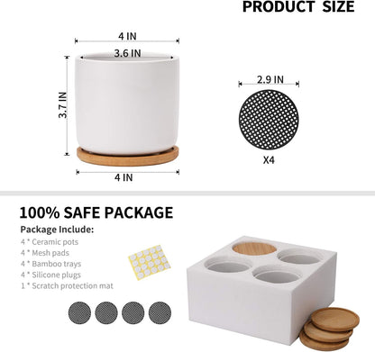 OMAYKEY 4 Inch Ceramic Plant Pot with Saucer, White Planters Pots with Drainage Hole and Mesh Pads for Succulent, Snake, Cactus, Herbs - 4 Packs(Plant Not Included)