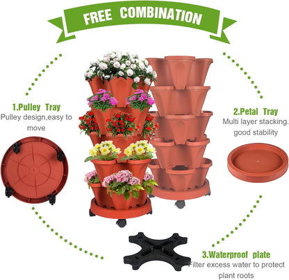5 Tier Vertical Strawberry Planter-Tower Stackable Herb Planter Stacking Garden Planters Pot Outdoor With Tools Mover For Growing Flowers, Vegetables and Succulents