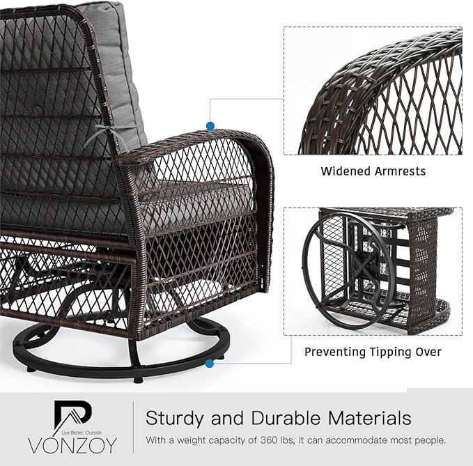 3 Pieces Patio Furniture Set, Outdoor Swivel Glider Rocker, Wicker Patio Bistro Set with Rocking Chair, Thickened Cushions and Table for Porch (Grey)