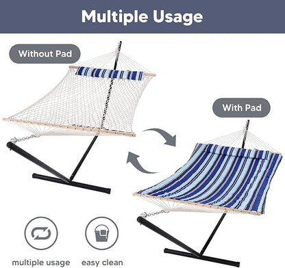SUNCREAT Double Hammock with Stand, Two Person Cotton Rope Hammock, Blue Stripe