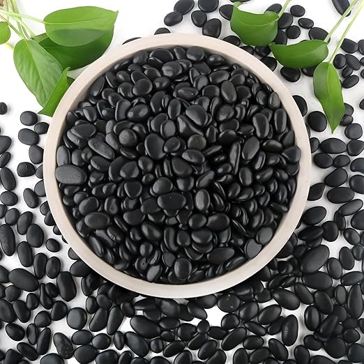 6lb Black Rocks for Planters- 1/4" - 3/4" Polished Black Stones Smooth Flat Pebbles for Fish Tanks Decorative River Rocks for Vases Bonsai Pots Garden Stones for Landscaping and Yards
