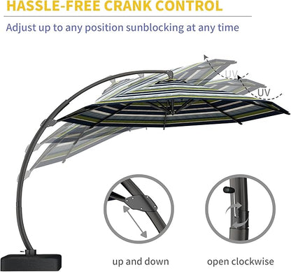 Kingdura 12ft Offset Cantilever Patio Umbrella with Base Included, Large Round Aluminum Outdoor Umbrella, 360° Rotation & Infinite Tilt, Heavy Duty Frame for Deck Pool Backyard, Green Stripe