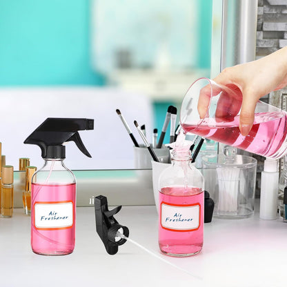 Norme 12 Pcs 8 oz Glass Spray Bottles with Funnels and Labels Refillable Cosmetic Empty Spray Bottles with Sprayer Containers for Essential Oil Cleaning Solutions(Clear,Classic)