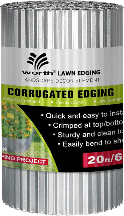 Worth Narrow-Corrugated Landscape Edging, 10" x 20Ft Galvanized Steel Sturdy Flexible Garden Edging Lawn Border for Raised Flower Bed Tree Fence Surrounds, Silver