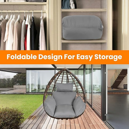 Egg Chair Cushion, Hanging Basket Hammock Seat Cushion, Thick Soft Egg Swing Chair Pad with Headrest for Patio Porch Furniture Outdoor (Grey, 39.37x45.28x4.72in)