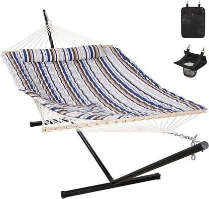 ANOW Outdoor Double Hammock with Stand, Portable Hammock with Detachable Pillow and Pad for Garden Yard Outside, 450 LBS Weight Capacity, Blue Seaside