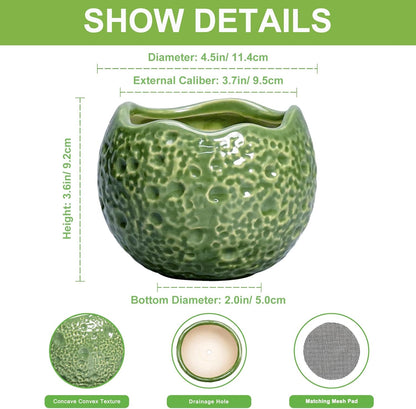 Ceramic Plant Pots - 4 inch Plant Pot with Drainage Hole, Small Pots for Plants Indoor Outdoor, Unique Round Planter, Modern Decorative Flower Pot, Room Decor, House Warming Gifts, Green