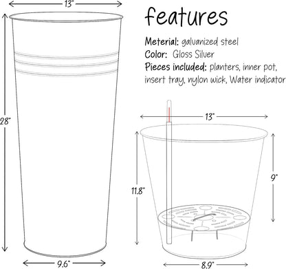 KOL 28'' Tall Galvanized Steel Planter Pot - Flower Pot with Water Level Indicator for Plants - 2-Pack Self Watering Planters - Round Silver Powder Metal Planter Box - Indoor Outdoor Grande Plant