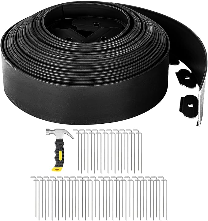 GROWNEER 66FT Landscape Edging Flexible 4 inch Tall Garden Border with 60pcs Galvanized Steel Anchoring Spikes and Hammer Lawn Edging Kit for Flower Bed, Pathway, Landscaping Project, Black