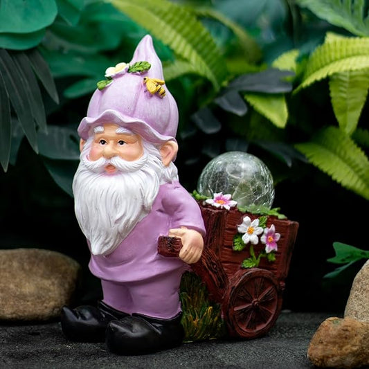 Solar Garden Gnome Statue with Crackle Glass Globe Lights, Waterproof Outdoor Decor for Patio, Lawn, or Yard, Whimsical Housewarming Gift(Pink Gnomes)