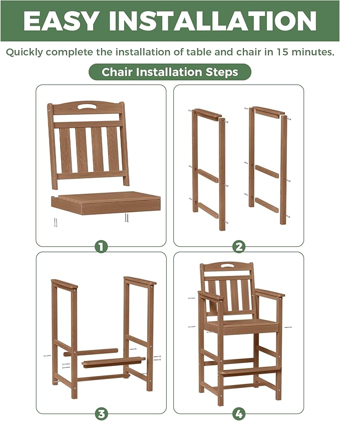 HDPE Outdoor Patio Tall Adirondack Bar Chair, All-Weather Bar Height Balcony Adirondack Stools for Bistro, Garden, Backyard, Deck | Teak