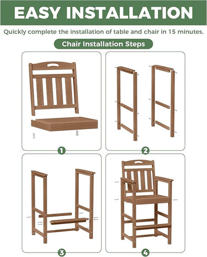 HDPE Outdoor Patio Tall Adirondack Bar Chairs Set of 2, All-Weather Bar Height Balcony Adirondack Stools for Bistro, Garden, Backyard, Pool, Deck | Teak