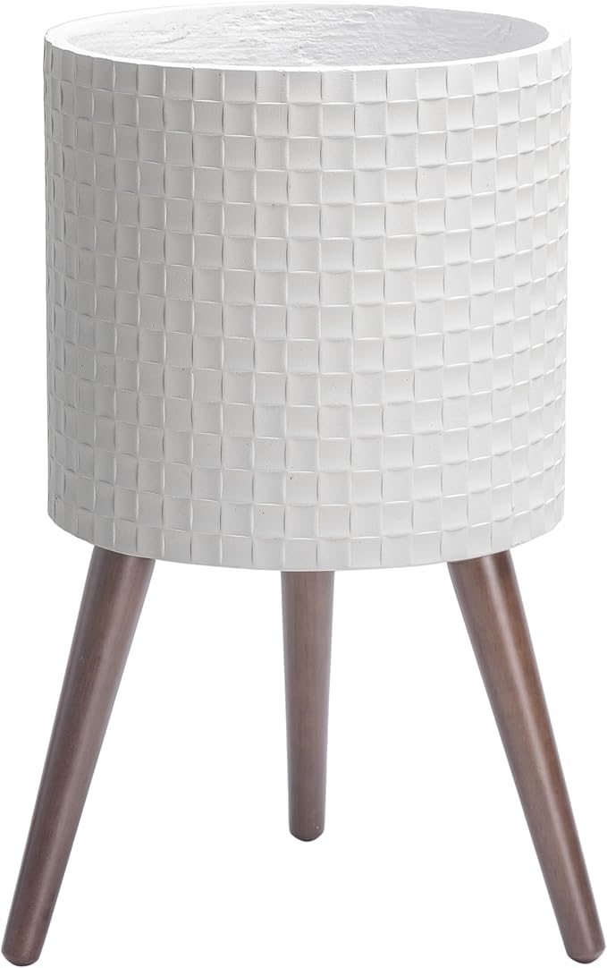 D'vine Dev 12 Inch Modern Geometric Tile Patterned Sleek Planter Pot with Stand, Indoor Outdoor Decorative Plant Holder, Matte White, 88-Z-C-1