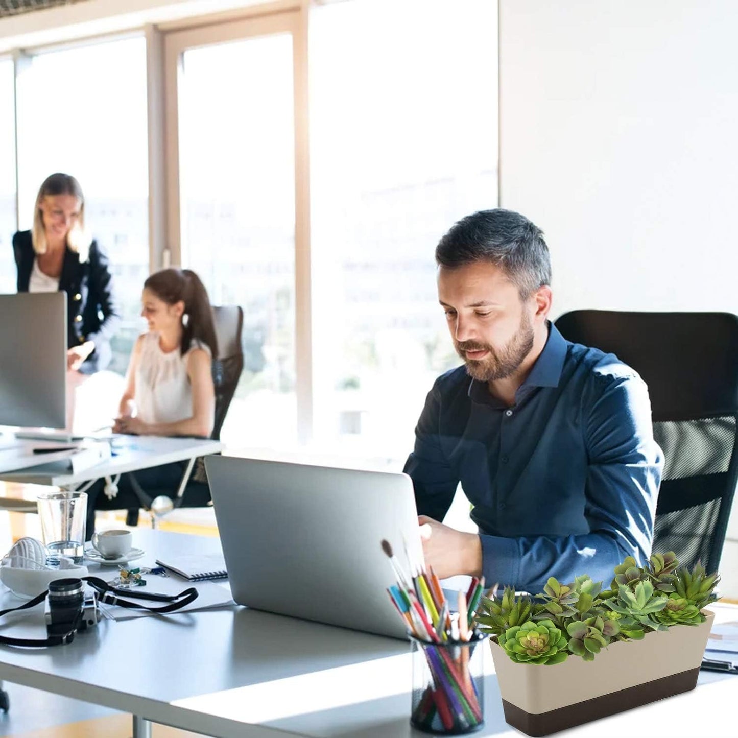 Lainrrew 3 Pack Window Box Planters, 12 Inches Rectangular Planter Plastic Flower Box Plant Pots Plant Containers with Tray for Balcony, Windowsill, Garden, Home Office Outdoor Decoration (Coffee)