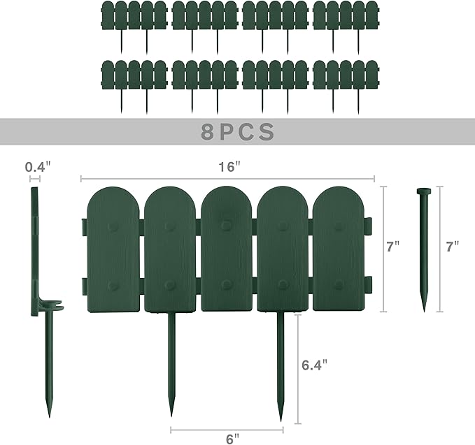 Evelyne Garden Border Edging: Wooden Fence Design - 8pcs Green Yard Landscaping Fence Liner Lawn Edge Barrier - 10ft Kit of Decorative Lawn Landscape Panels Elements -Landscaping Edging-GMT-10374-B08