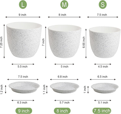 Modern Plant Pots Set, 9/8/7.5 inch Plastic Planters for Indoor Plants, Stylish Flower Pots with Drainage Holes and Saucers for House Plants and Flowers, White Speckles
