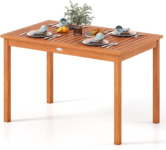 Tangkula Outdoor Dining Table for 4-6 People, 48 Inches Wood Rectangular Patio Table with Slatted Tabletop, Outside Bistro Furniture for Lawn, Garden and Backyard
