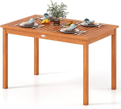 Tangkula Outdoor Dining Table for 4-6 People, 48 Inches Wood Rectangular Patio Table with Slatted Tabletop, Outside Bistro Furniture for Lawn, Garden and Backyard