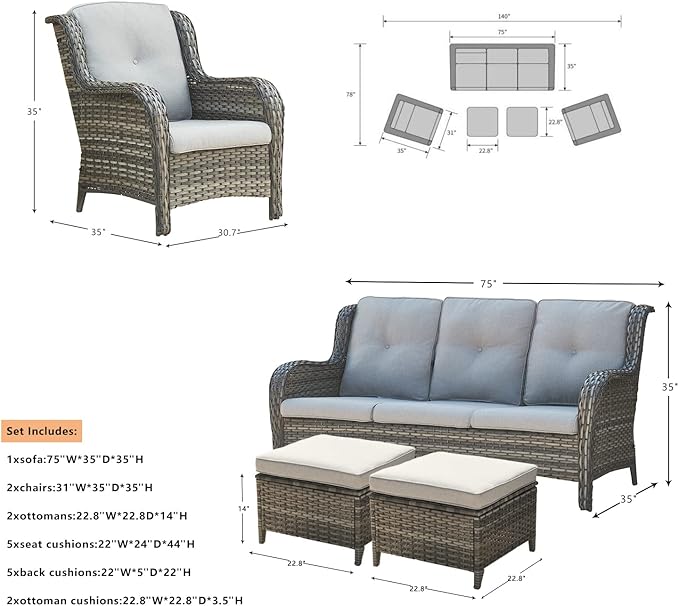 Rilyson Outdoor Patio Wicker Furniture Set - 5 Piece Rattan Patio Conversation Sectional Sofa Set with 1 Couch,2 Armchairs,2 Ottomans for Porch Deck Garden(Mixed Grey/Grey)