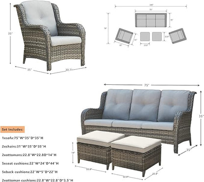 Rilyson Outdoor Patio Wicker Furniture Set - 5 Piece Rattan Patio Conversation Sectional Sofa Set with 1 Couch,2 Armchairs,2 Ottomans for Porch Deck Garden(Mixed Grey/Grey)