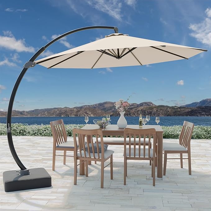 Outdoor Patio Umbrella with Sand Bag Included, 11 FT Deluxe Curvy Cantilever Umbrella Offset Hanging Umbrella with 360° Rotation for Market, Pool, Garden, Backyard, Deck