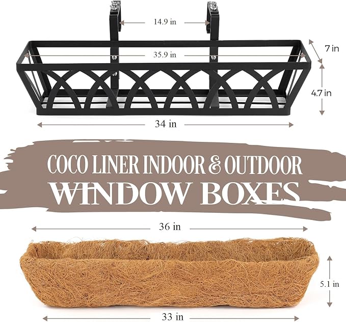2 Pack 36IN Window Box Railing with Adjustable Brackets, Hanging Flower Planter Basket with Coco Liner for Outdoor Balcony Porch Fence Patio (Black)