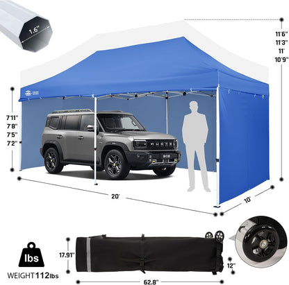 CROWN SHADES 10x20 Pop Up Canopy Tent, Thicken Frame Commercial Heavy Duty Tent, 4 Sidewalls 8 Stakes & 4 Sandbags & 4 Ropes, Outdoor Canopies for Events, Parties, Blue