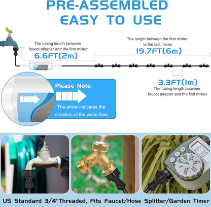 Misting System with Water Filter - Upgraded Signice 26 Ft (8M) Line & 7 Brass Mist Nozzles Outdoor Misters for Patio Cooling Mister Systems Kit for Outside Garden Backyard Greenhouse (Black)