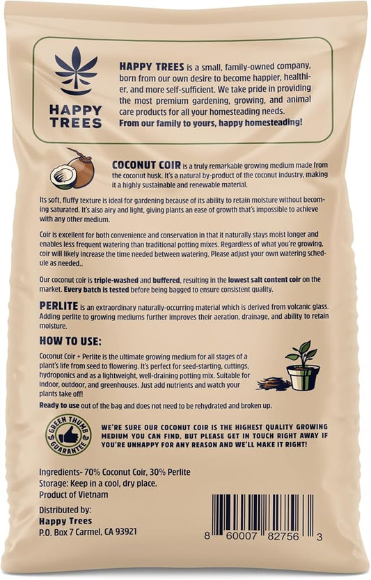 Happy Trees Coco Coir and Perlite Growing Medium, Potting Mix, Seed-Starting, Premium Quality Triple-Washed for Low Salt/EC, pH Balanced Loose Coconut Fiber, Peat-Free, 9 Quarts (10L)