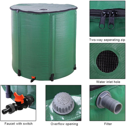 200 Gallon Collapsible Rain Barrel, Water Storage Tank, Portable Rainwater Collection System, Rain Catcher Barrel with Spigots and Overflow Kit, Rain Water Barrel Collector for Garden, Green