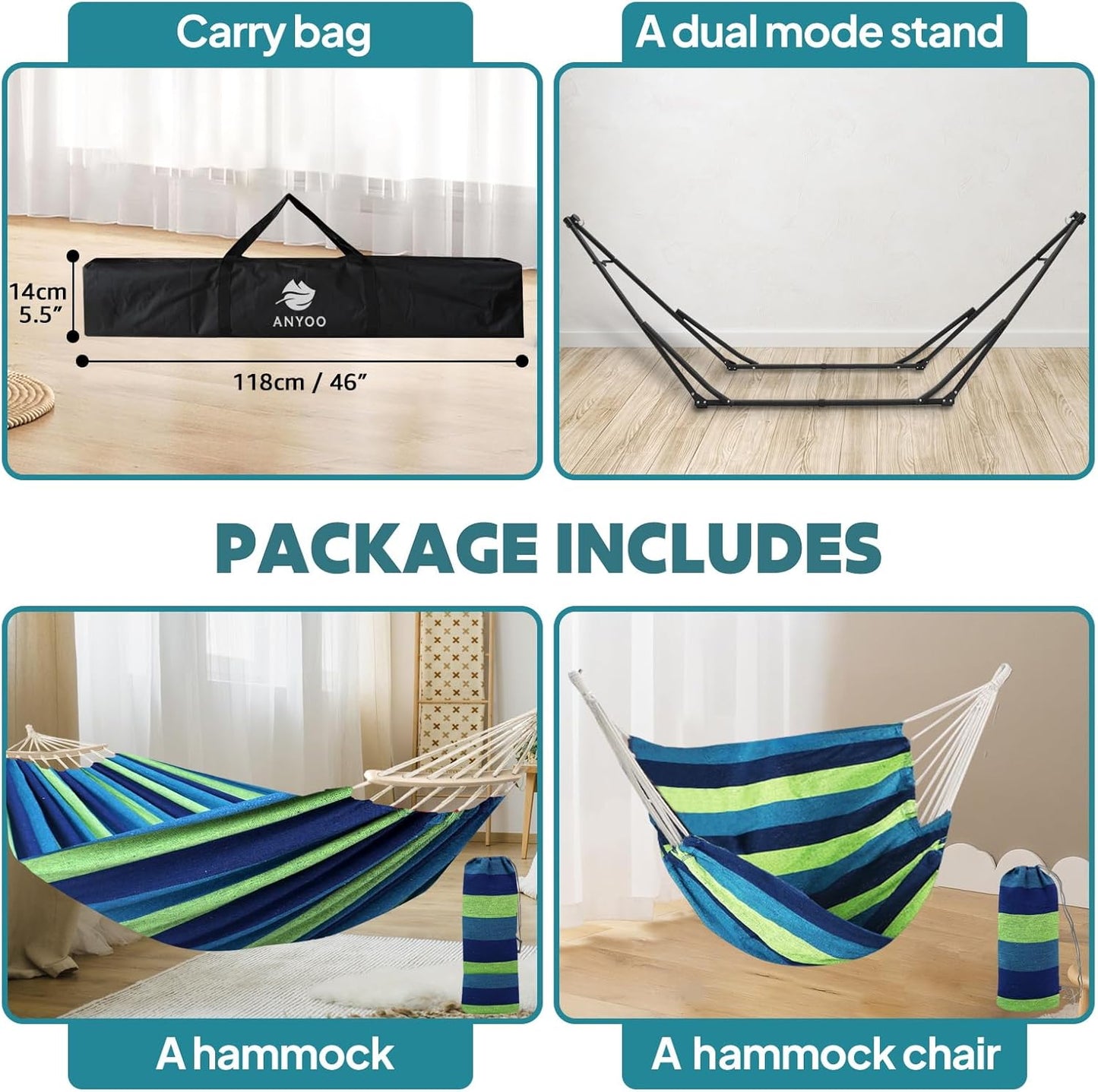 Anyoo 2 in 1 Hammock and Swinging Chair with Collapsible Steel Stand & Carrying Case,Portable & Adjustable,Easy Set Up for Outdoor,Indoor,Porch Swing,Patio,Garden,Camping Trip