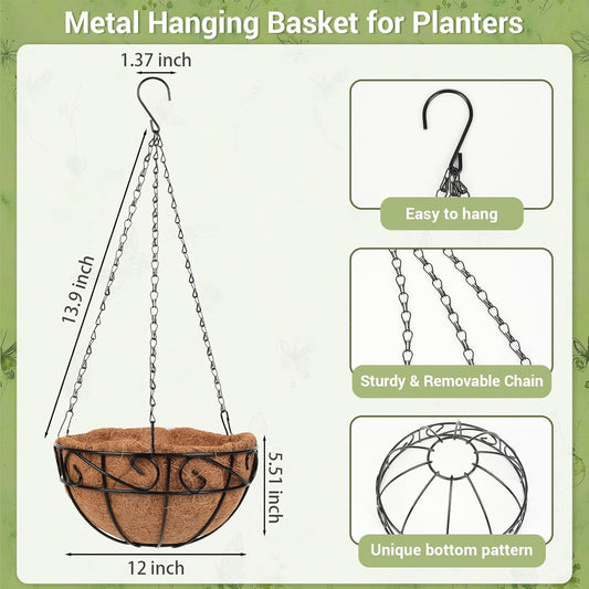 2 Pack 12 inch Metal Hanging Baskets for Plants Outdoor, Hanging Planters Basket with Coco Liners, Hanging Baskets Flower Pots for Garden, Patio, Deck, Porch Plants