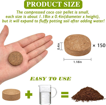 ZeeDix Organic Coco Coir Pellets Potting Soil, 150pcs 30mm Compressed Coconut Fiber Seed Starter Soil Pellets, Coco Peat Soil Discs for Indoor Outdoor Plants, Herbs, Houseplants, Flowers, Vegetables