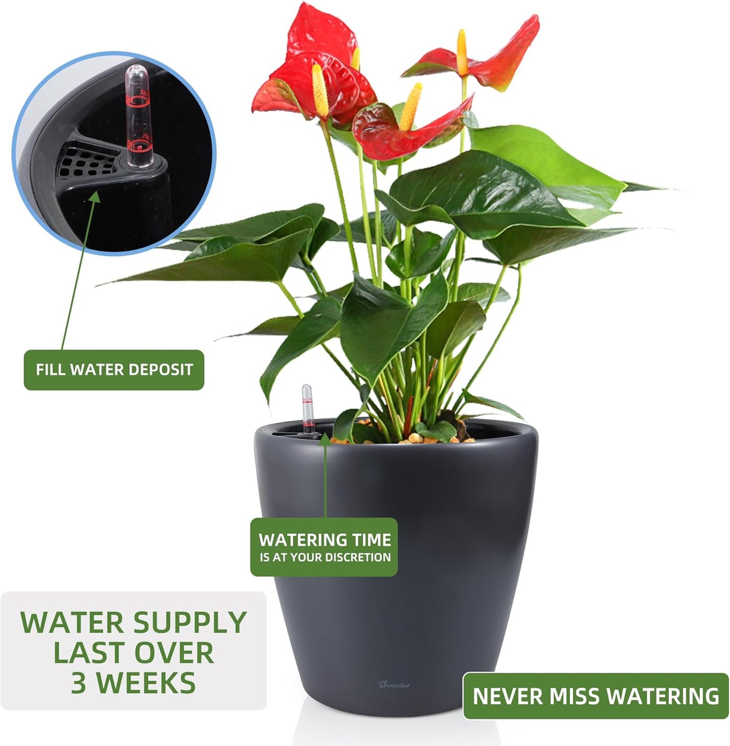 Dexceder 13x12 Self Watering Planter with Wheels Indoor Outdoor, Inner Pot Design, Thickened Large Floor Standing Flower Plant Pot with Water Level Indicator (Slate Gray Matte)