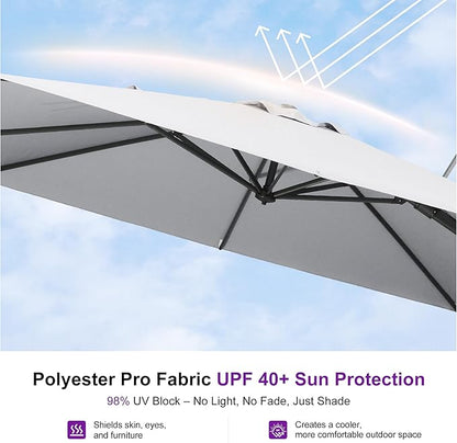 PURPLE LEAF 10' X 10' Swivel Outdoor Patio Aluminum Umbrella with Base Left-right Tilting Cantilever Offset Umbrella with UV Resistant Heavy Duty Fabric for Deck Pool Patio Backyard, Pebble Grey