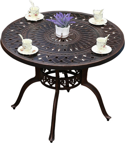 Outdoor Table Cast Aluminum Round Patio Table with Umbrella Hole All Weather Outdoor Dining Tables for Lawn Garden Backyard (90cm Round Tables with Slanted Lattice)