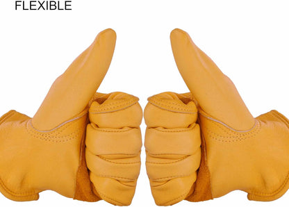 OZERO Flex Grip Leather Work Gloves Stretchable Wrist Tough Cowhide Working Glove 1 Pair (Gold, Large)