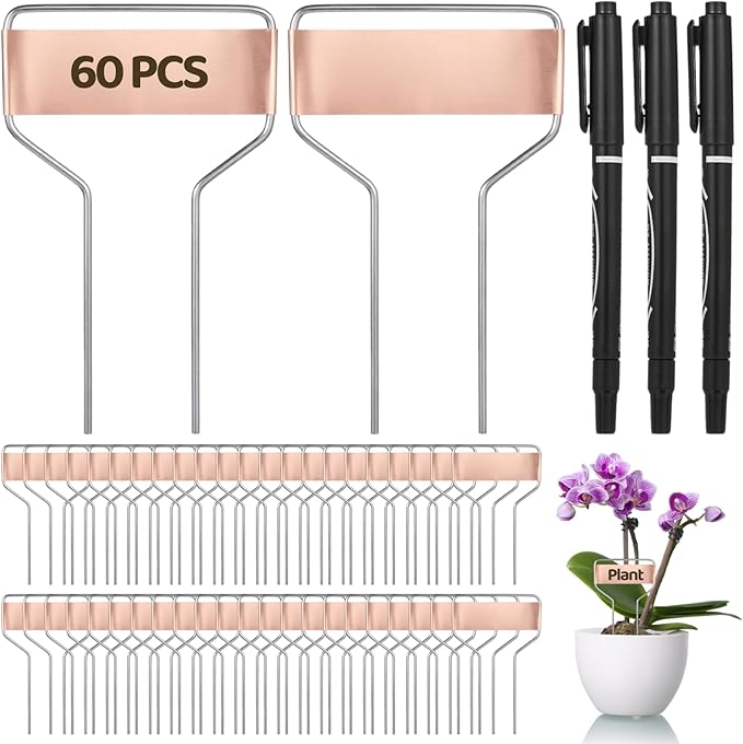 60 Pcs 4 Inch Copper Plant Tags for Outdoor Garden Waterproof, Metal Garden Tags Plant Labels for Garden with 2 Markers for Plant Information