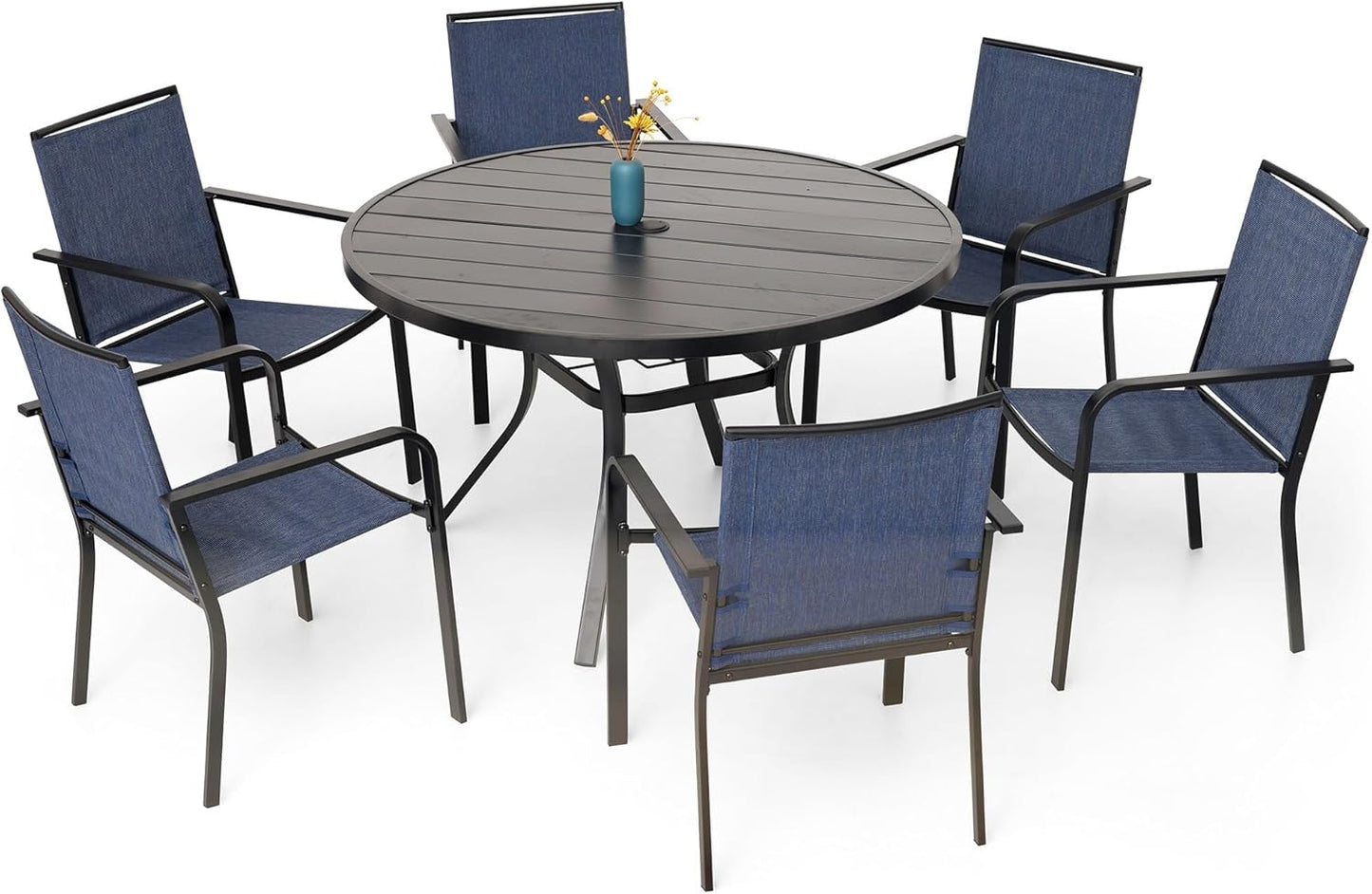 7-Piece Outdoor Dining Set, 48'' Round Table with 6 Stackable Chairs All Weather Furniture Set - Navy