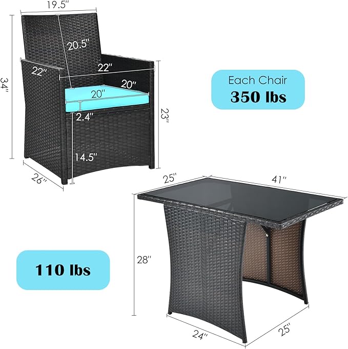 Tangkula 3 Pieces Patio Dining Set, Space-Saving PE Rattan Bistro Set with Tempered Glass Top Table and Cushioned Chairs, Outdoor Conversation Set for Garden Backyard Poolside Porch (Turquoise)