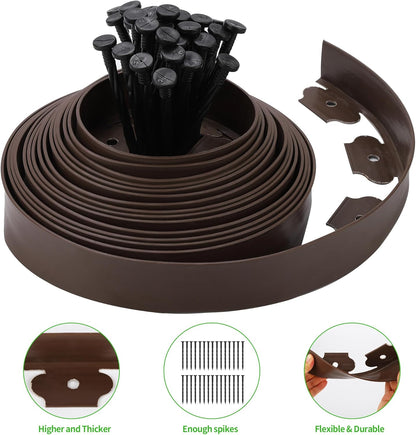 2" x 33FT Landscape Edging Kit, Garden Edging Coil Comes with 30 Pcs Spikes, No Dig Lawn Border Design, Brown