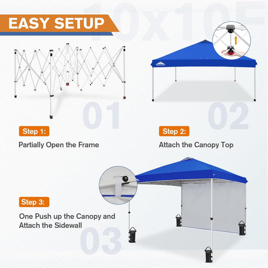 EAGLE PEAK Pop Up Canopy Tent with 1 Sidewall, Easy Setup Event Tent, Outdoor Sun Shade, Wheeled Carry Bag, Stakes and Guy Ropes, Instant Canopy 10x10, Blue