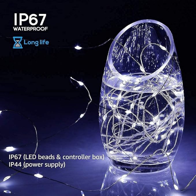 2 Pack Solar Powered Fairy String Lights Outdoor Waterproof 8 Modes Twinkle Christmas Decorations Lights, Each 33ft-100LED, 40ft-120LED, 66ft-200LED, 80ft-240LED, (White, 66)