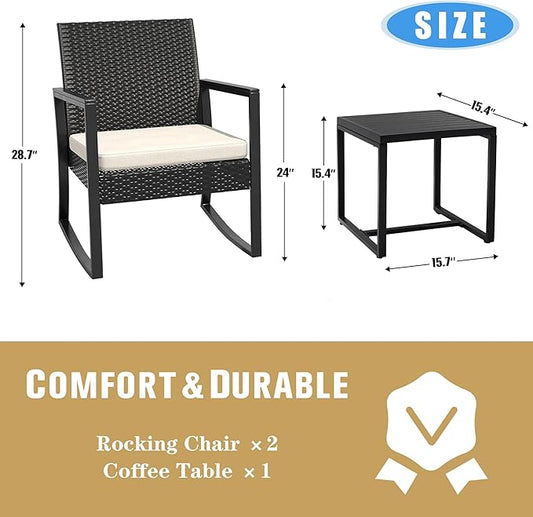 WWR 3 Pieces Outdoor Patio Furniture Set Rocking Wicker Rattan Chair Set Patio Bistro Conversation Set 3 Pcs with Coffee Table for Yard & Bistro (Sand)