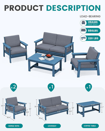 SERWALL HDPE Patio Furniture Set with 15FT Double Side Patio Umbrella, All Weather Wood-Like Outdoor Sofa Sectional Couch, Blue Patio Furniture with Grey Cushions