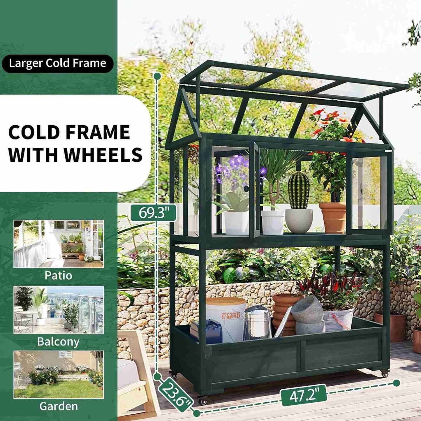 Wooden Cold Frame Greenhouse with Wheels, Portable Fir Garden Plant House with Storage Box, Openable Roof for Seedlings, Herbs, Winter Crops, Perfect for Patio, Balcony, Garden