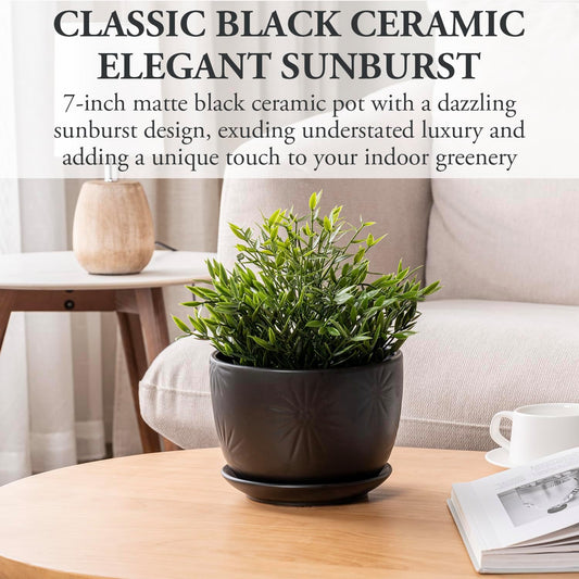 MyGift 7 Inch Round Matte Black Ceramic Plant Pot with Drainage Hole and Attached Saucer, Modern Decorative Embossed Sunburst Planter Container for Indoor Home Garden