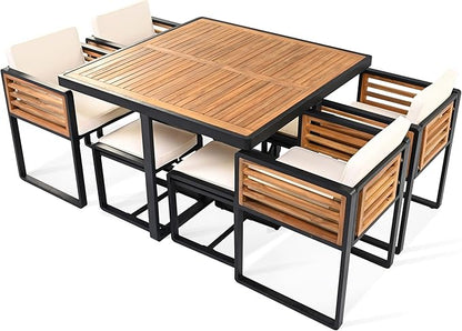 Merax 9 Pieces Outdoor Dining Set for 8 People, Acacia Wood Patio Furniture Sets with 1 Square Table, 4 Cushioned Chairs and 4 Ottomans for Backyard, Garden, Lawn, Poolside, Space Saving Design, Beige