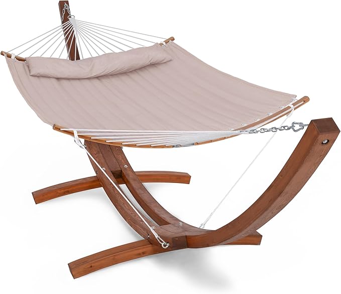 SUNCREAT Hammocks Patio Hammock with Stand, 2 Person Heavy Duty Curved Hammock with 13.5 ft Wooden Stand, Tan